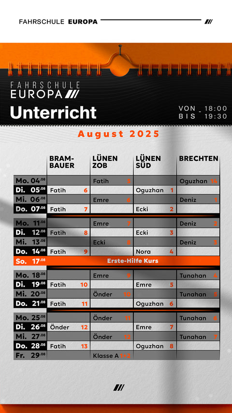 Der Unterrichts-Kalender für Juli - Fahrschule Europa GmbH