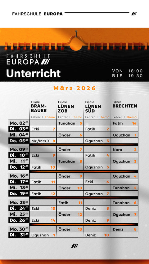 Theorie-Unterrichts Kalender für März, der Fahrschule Europa GmbH